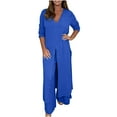 thumbnail image 1 of JINMGG Two Piece Outfits Women, 2023 Fashion Fall Clearance Women's Solid V-Neck Long Sleeve Split Top and Pants Set Blue XXXXL, 1 of 6