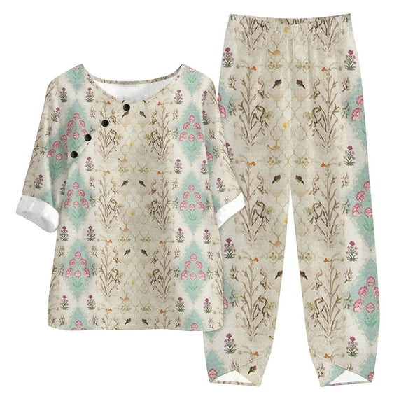 JINMGG Two Piece Outfits Women, 2026 Fashion Fall Women's Summer Printed Half Sleeve Round Neck Cropped Top + Casual Pants Suit Set Two Piece Lounge Set Khaki XXXL