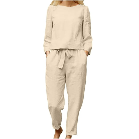 JINMGG Two Piece Outfits Women, 2024 Fashion Fall Clearance 2PC Fashion Woman O-Neck Solid Long Sleeve Blouse +Loose Pants Sets Beige XL