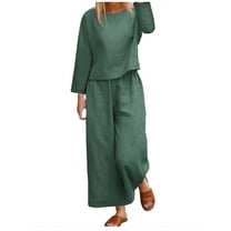 JINMGG Two Piece Outfits Women, 2026 Fashion Fall 2PC Fashion Woman Round Neck Solid Long Sleeve Blouse  Loose Pants Sets Army Green S