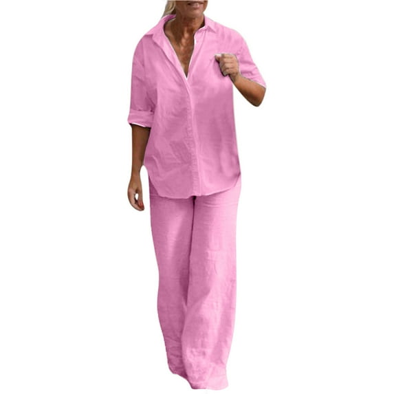 JINMGG Two Piece Outfits Women, 2026 Fashion Fall 2PC Fashion Woman Round Neck Solid Long Sleeve Blouse +Loose Pockets Pants Sets Pink M