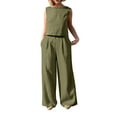 thumbnail image 1 of JINMGG Two Piece Outfits Women, 2026 Fashion Fall 2PC Fashion Woman Round Neck Solid Sleeveless Blouse +Loose Pockets Pants Sets Army Green L, 1 of 9