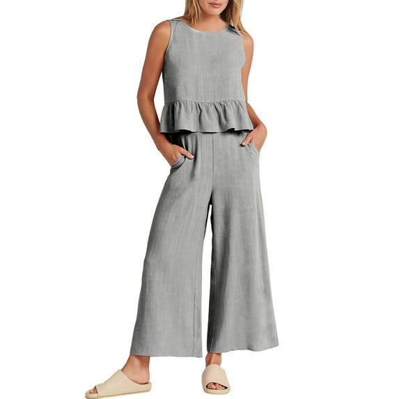 JINMGG Two Piece Outfits Women, 2026 Fashion Fall 2PC Fashion Woman Round Neck Solid Sleeveless Blouse +Loose Pockets Pants Sets Gray S