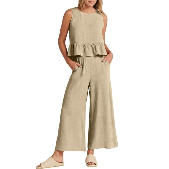 JINMGG Two Piece Outfits Women, 2026 Fashion Fall 2PC Fashion Woman Round Neck Solid Sleeveless Blouse  Loose Pockets Pants Sets Khaki L