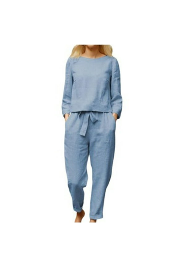 JINMGG Two Piece Outfits Women, 2024 Fashion Fall Clearance 2PC Fashion Woman Solid Long Sleeve Blouse +Loose Pants Sets Blue S