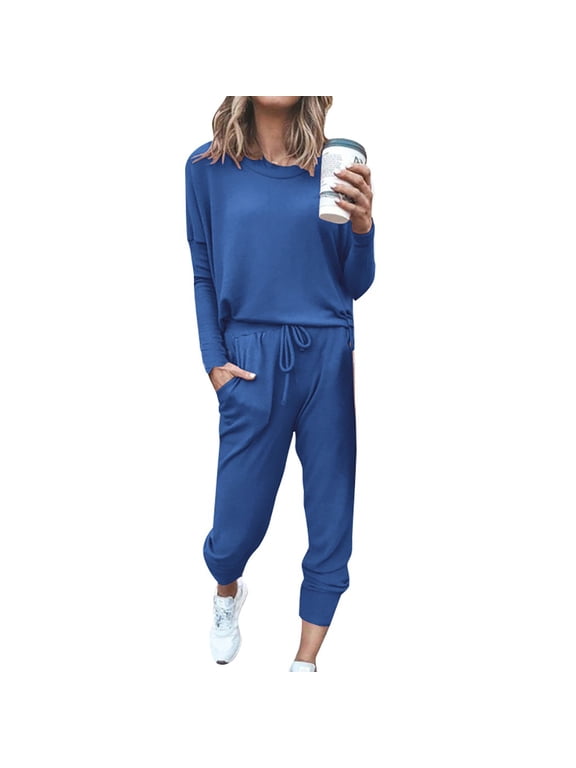 JINMGG Two Piece Outfits Women, 2026 Fashion Fall 2Pc Women Pure Color Suit Long Sleeve Leisure Pocket Home Sweatpants Sets Blue XL