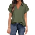thumbnail image 1 of JINMGG Two Piece Outfits Women, 2026 Fashion Fall Fashion Women Short Sleeve V-Neck Blouses Half Sleeve Loose Top Ladies Shirts Army Green S, 1 of 3