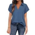 thumbnail image 1 of JINMGG Two Piece Outfits Women, 2024 Fashion Fall Clearance Fashion Women Short Sleeve V-Neck Blouses Half Sleeve Loose Top Ladies Shirts Blue M, 1 of 3