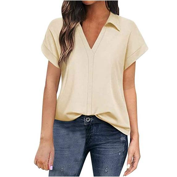 JINMGG Two Piece Outfits Women, 2024 Fashion Fall Clearance Fashion Women Short Sleeve V-Neck Blouses Half Sleeve Loose Top Ladies Shirts Khaki M