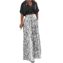 JINMGG Two Piece Outfits Women, 2026 Fashion Fall Fashion Women Summer Froral Print Casual Short SLeeve Top  Pant Set Black S