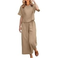 thumbnail image 1 of JINMGG Two Piece Outfits Women, 2026 Fashion Fall Fashion Women Summer Solid Round-Neck Casual Short SLeeve Top+ Pant Set Khaki S, 1 of 6