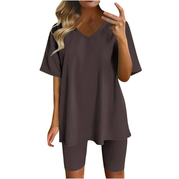 JINMGG Two Piece Outfits Women, 2026 Fashion Fall Women Fashion V-Neck Blouse Short Sleeve Tops Shorts Casual Suit Sets Brown XL