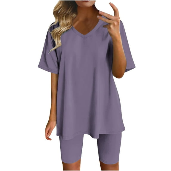 JINMGG Two Piece Outfits Women, 2024 Fashion Fall Clearance Women Fashion V-Neck Blouse Short Sleeve Tops Shorts Casual Suit Sets Purple M