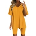 thumbnail image 1 of JINMGG Two Piece Outfits Women, 2026 Fashion Fall Women Fashion V-Neck Blouse Short Sleeve Tops Shorts Casual Suit Sets Yellow L, 1 of 4