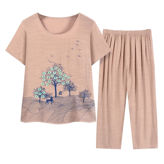 JINMGG Two Piece Outfits Women, 2024 Fashion Fall Clearance Women Summer Pullover Printing Casual Two Piece Suit Beige XL