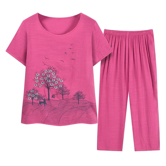 JINMGG Two Piece Outfits Women, 2024 Fashion Fall Clearance Women Summer Pullover Printing Casual Two Piece Suit Hot Pink XXXL