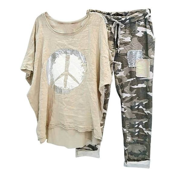 JINMGG Two Piece Outfits Women, 2024 Fashion Fall Clearance Women's Print Crewneck Half Sleeve Pullover Shirt Tops + Pants Trousers Set Khaki XXL