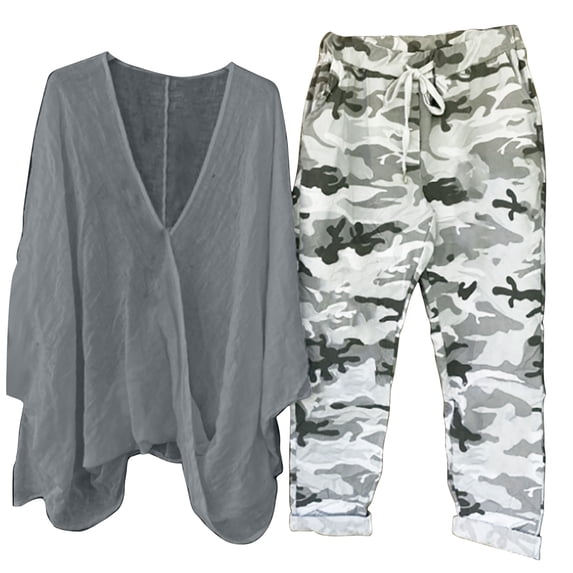 JINMGG Two Piece Outfits Women, 2026 Fashion Fall Women's Print V-neck Long Sleeve Pullover Shirt Tops + Pants Trousers Set Gray XL