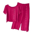 thumbnail image 1 of JINMGG Two Piece Outfits Women, 2026 Fashion Fall Women's Solid Crewneck Button Half Sleeve Pullover Shirt Tops + Pants Trousers Set Hot Pink S, 1 of 8