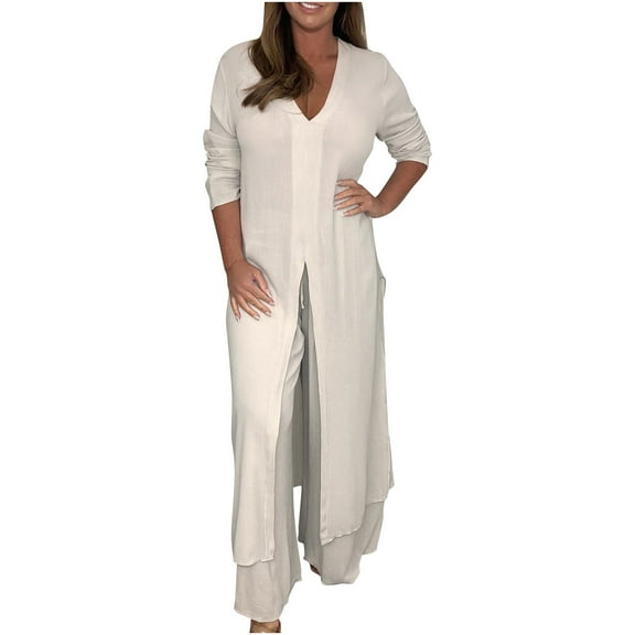 JINMGG Two Piece Outfits Women, 2026 Fashion Fall Women's Solid V-Neck Long Sleeve Split Top and Pants Set Beige L