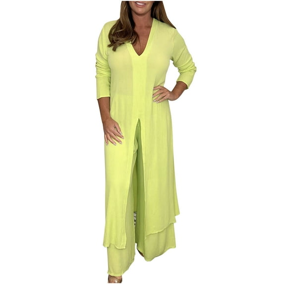 JINMGG Two Piece Outfits Women, 2026 Fashion Fall Women's Solid V-Neck Long Sleeve Split Top and Pants Set Yellow XXL