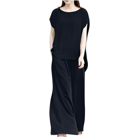 JINMGG Two Piece Outfits Women, 2026 Fashion Fall Women's Summer Suit Fashion Short Sleeve Solid Color Trousers Casual Two-Piece Suit Blue M