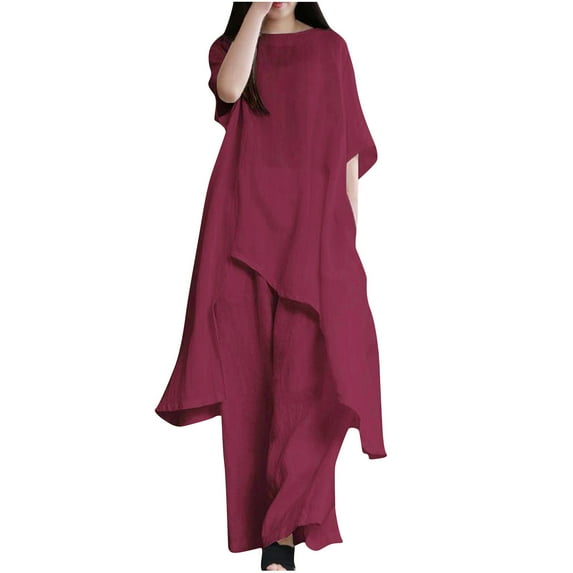 JINMGG Two Piece Outfits Women, 2026 Fashion Fall Women's Summer Suit Fashion Short Sleeve Solid Color Trousers Casual Two-Piece Suit Wine S