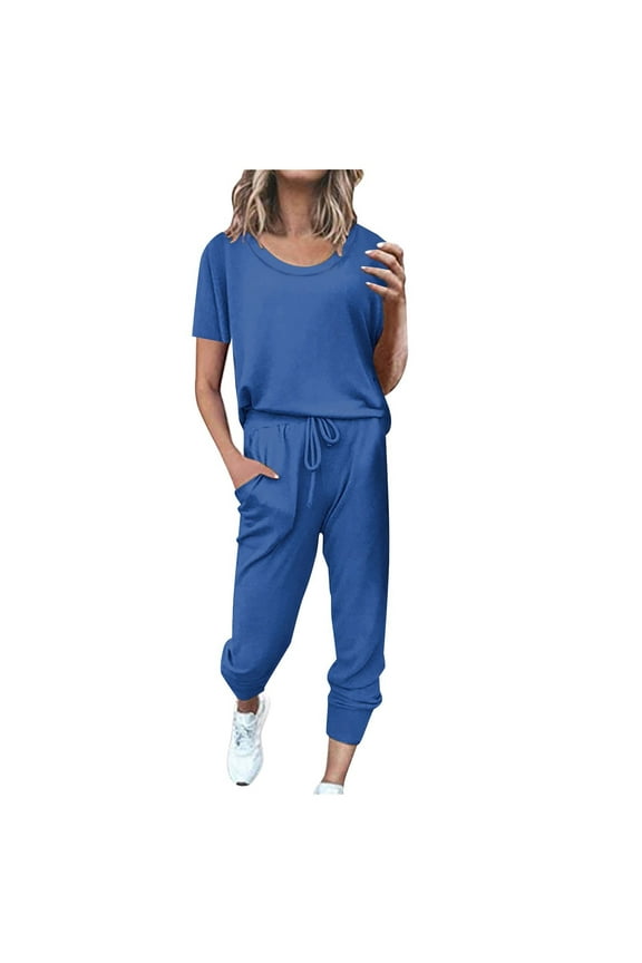 JINMGG Two Piece Outfits Women, 2025 Fashion Spring Summer Fall Clearance Fashion Women Summer Solid Button Casual Short SLeeve Top+ Pant Set Blue-A XL