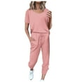 thumbnail image 1 of JINMGG Two Piece Outfits Women, 2025 Fashion Spring Summer Fall Clearance Fashion Women Summer Solid Button Casual Short SLeeve Top+ Pant Set Pink-A L, 1 of 4