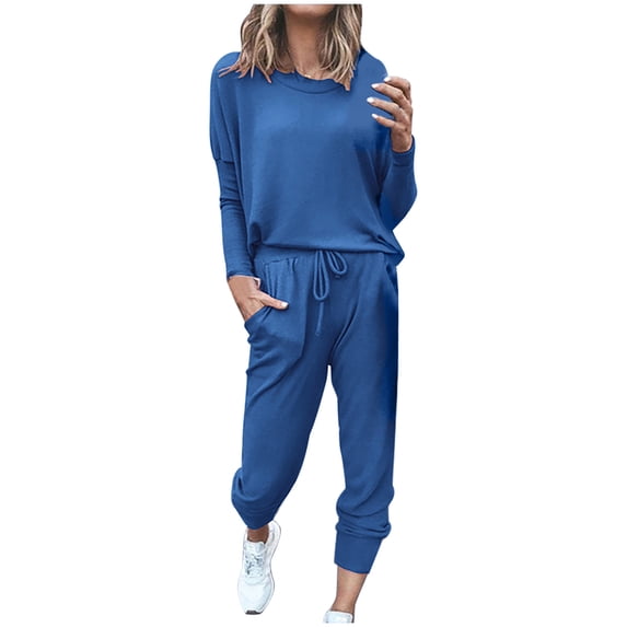 JINMGG Two Piece Outfits Women, 2025 Fashion Spring Summer Fall Clearance Women Loose Two-piece Sets Solid Long Sleeve Tops Casual Pants Sweatsuit Blue-B XL