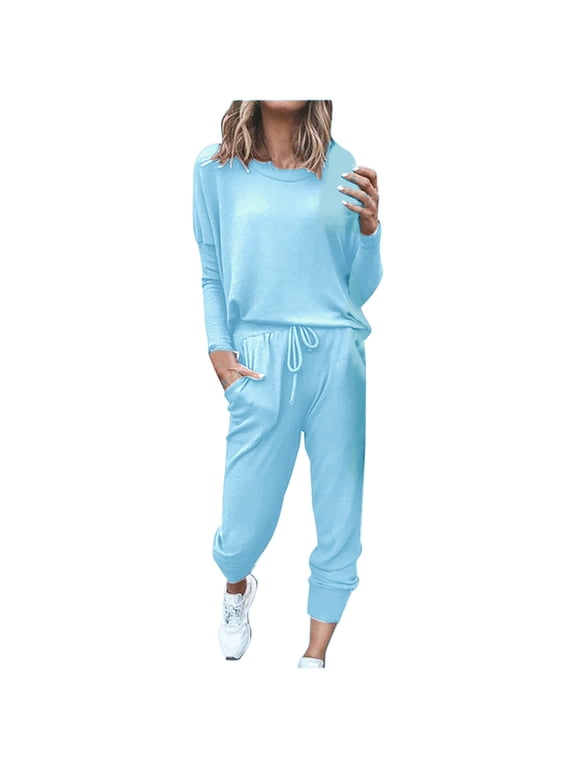 JINMGG Two Piece Outfits Women, 2025 Fashion Spring Summer Fall Clearance Women Loose Two-piece Sets Solid Long Sleeve Tops Casual Pants Sweatsuit Sky Blue-A XL