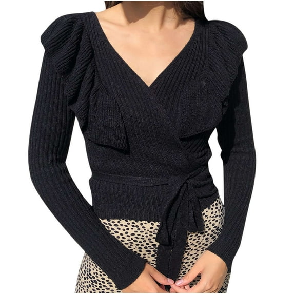 JINMGG V Neck Sweaters for Women Fall Winter,Women Summer Fashion Casual Loose Full-Sleeve Solid V Neck Ruffles Bandage Blouse Knitted Sweater
