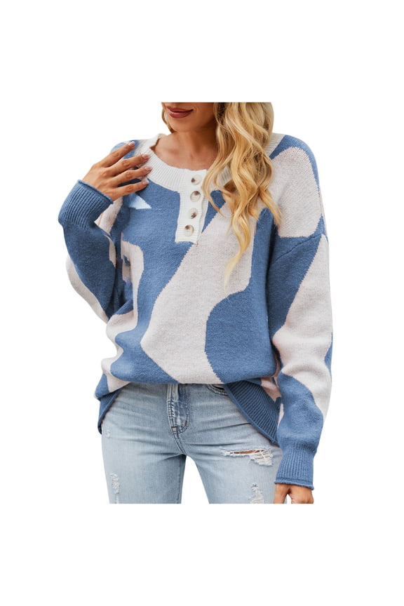 JINMGG V Neck Sweaters for Women Fall Winter Clearance,Women's Aow Pattern Cross-Border Knitted Sweater 2022 and Winter New Chest Button Half Cardigan