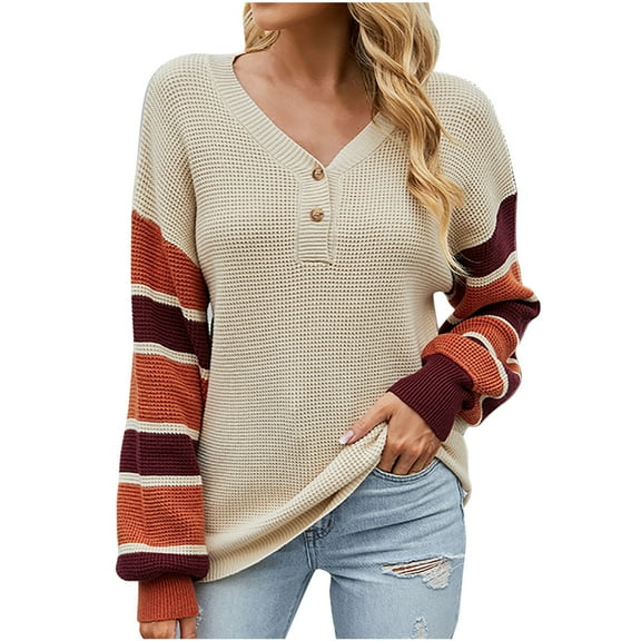 JINMGG V Neck Sweaters for Women Fall Winter Clearance,Women's Striped Cardigan Button Knit Sweater 2022 Fall/Winter New Lantern Sleeve V-Neck Sweater