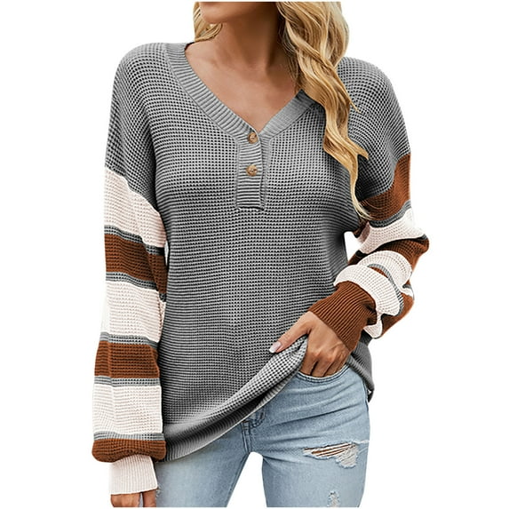 JINMGG V Neck Sweaters for Women Fall Winter Clearance,Women's Striped Cardigan Button Knit Sweater 2022 Fall/Winter New Lantern Sleeve V-Neck Sweater