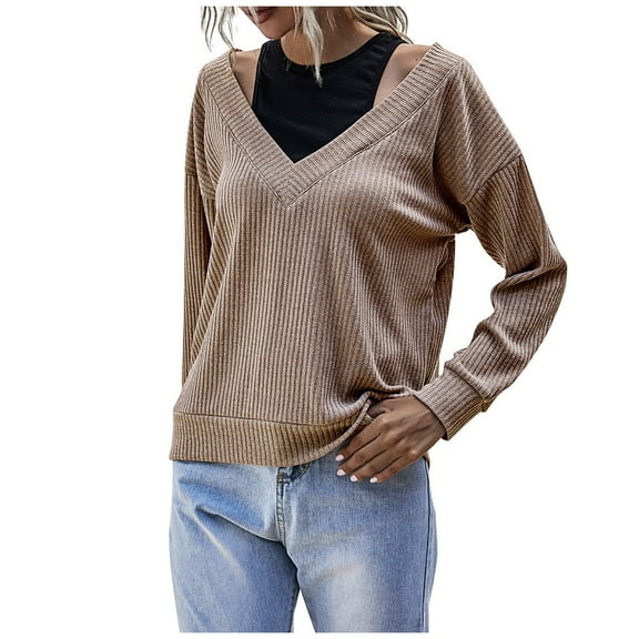 JINMGG V Neck Sweaters for Women Fall Winter Clearance,Fashion Women Casual V-neck Color Fake Two Piece Stitching Knitted Sweater