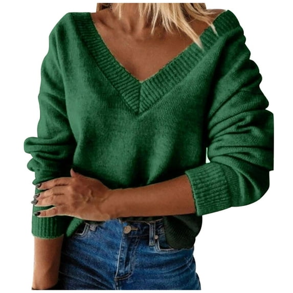 JINMGG V Neck Sweaters for Women Fall Winter ,Fashion Women Solid Color Long Sleeve Pullove V-Neck Shirt Sweater Tops