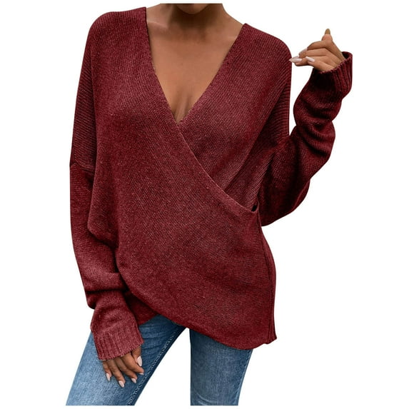 JINMGG V Neck Sweaters for Women Fall Winter Clearance,Fashion Women Solid Color Long Sleeve Pullove V-Neck Shirt Sweater Tops