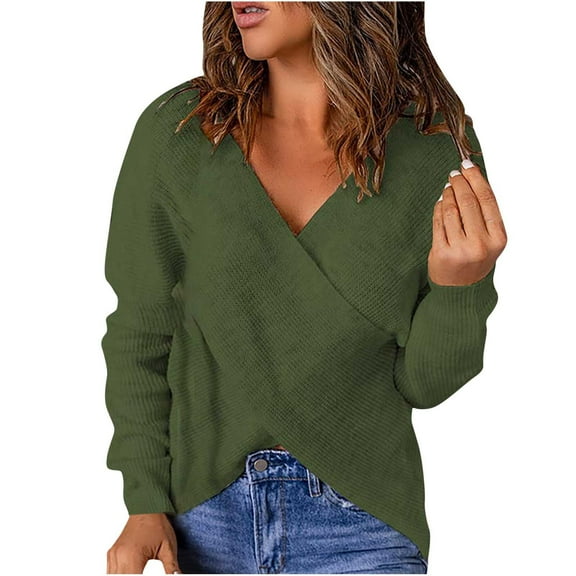 JINMGG V Neck Sweaters for Women Fall Winter Clearance,Fashion Women Winter Solid Long Sleeve Pullove V-Neck Casual Sweater Tops