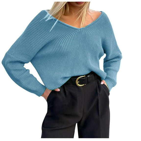 JINMGG V Neck Sweaters for Women Fall Winter Clearance,Fashion Women's Casual Long Sleeved Solid Hedging Knitting V-neck Sweater