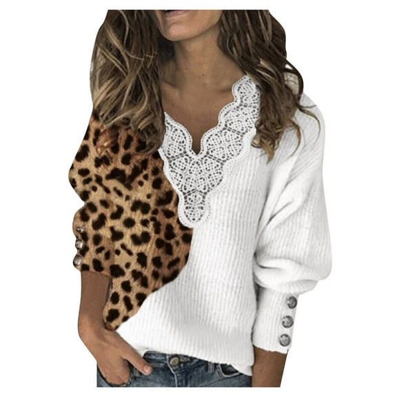JINMGG V Neck Sweaters for Women Fall Winter Clearance,Fashion Women's Leopard Lace Print Sweater Plaid Long Sleeves Blouse Tops