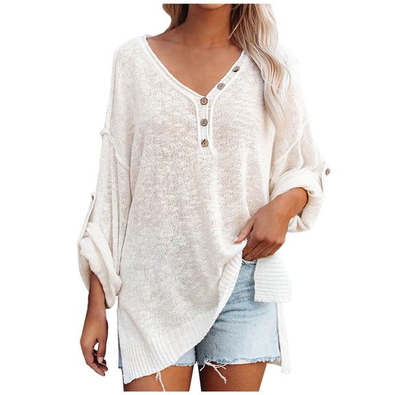 JINMGG V Neck Sweaters for Women Fall Winter Clearance,Women Casual Solid Knitting Buttons Long Sleeve V-Neck Sweaters Tops