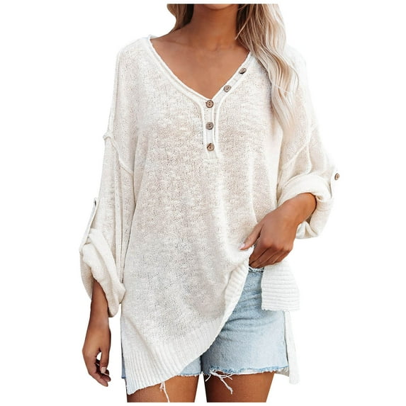 JINMGG V Neck Sweaters for Women Fall Winter Clearance,Women Casual Solid Knitting Buttons Long Sleeve V-Neck Sweaters Tops