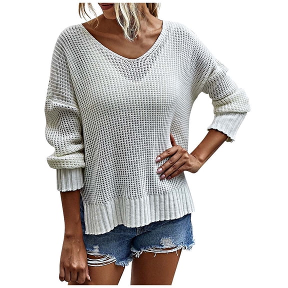 JINMGG V Neck Sweaters for Women Fall Winter Clearance,Women Fashion V-neck Loose Pullover Color Long Sleeves Sweater Tops