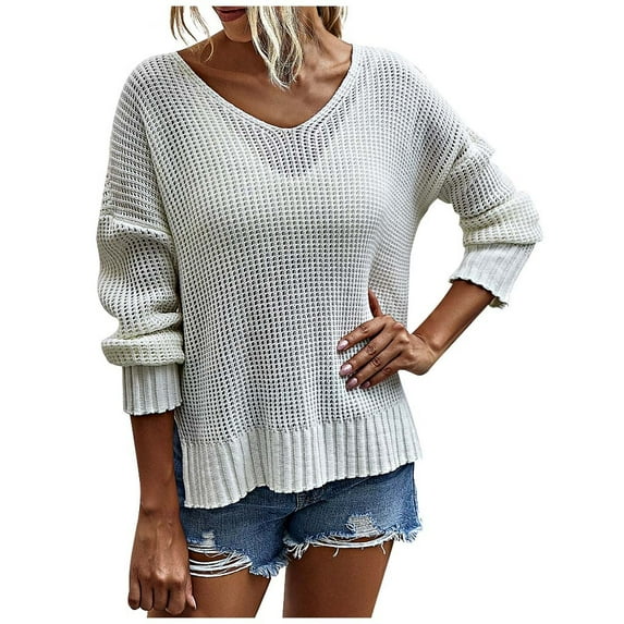 JINMGG V Neck Sweaters for Women Fall Winter Clearance,Women Fashion V-neck Loose Pullover Color Long Sleeves Sweater Tops