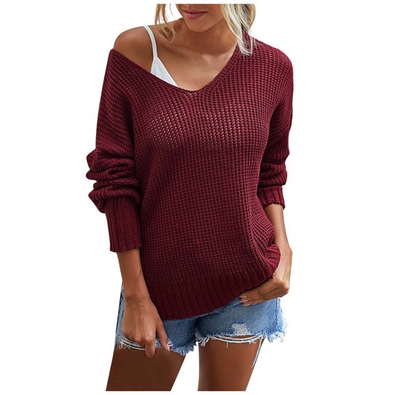 JINMGG V Neck Sweaters for Women Fall Winter Clearance,Women Fashion V-neck Loose Pullover Color Long Sleeves Sweater Tops