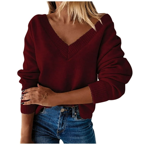 JINMGG V Neck Sweaters for Women Fall Winter Clearance,Women Fashion V-neck Loose Pullover Solid Color Long Sleeves Sweater Tops