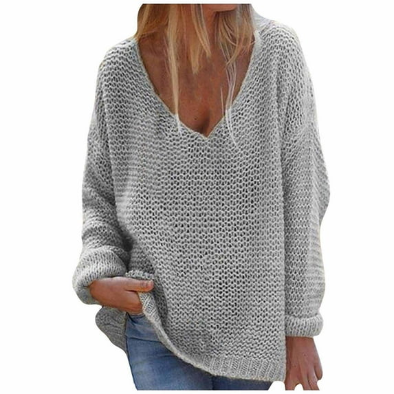 JINMGG V Neck Sweaters for Women Fall Winter Clearance,Women Fashion V-neck Loose Pullover Solid Color Long Sleeves Sweater Tops