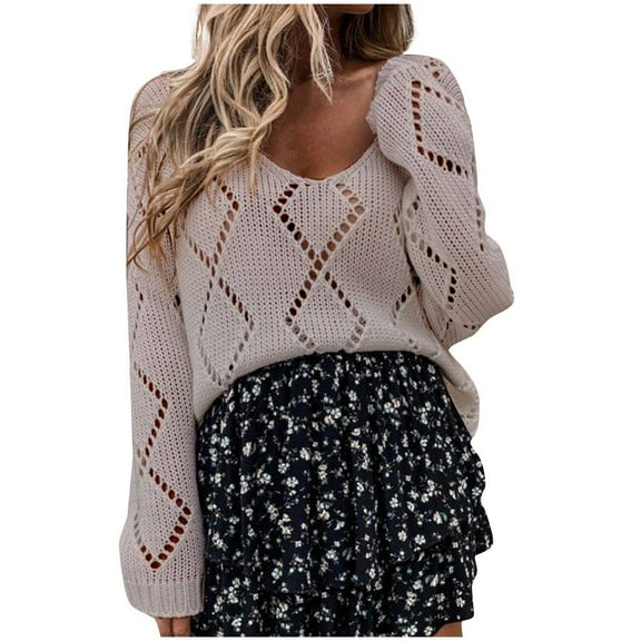 JINMGG V Neck Sweaters for Women Fall Winter Clearance,Women Fashion V-neck Solid Color Hollowing Out Sexy Long Sleeves Sweater Tops