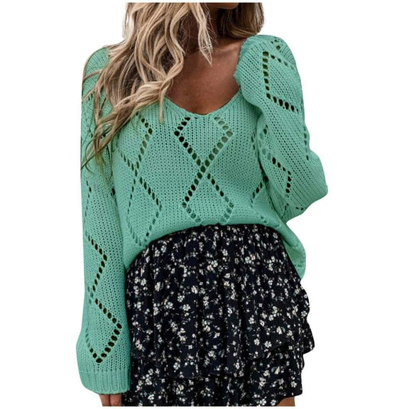 JINMGG V Neck Sweaters for Women Fall Winter Clearance,Women Fashion V-neck Solid Color Hollowing Out Sexy Long Sleeves Sweater Tops